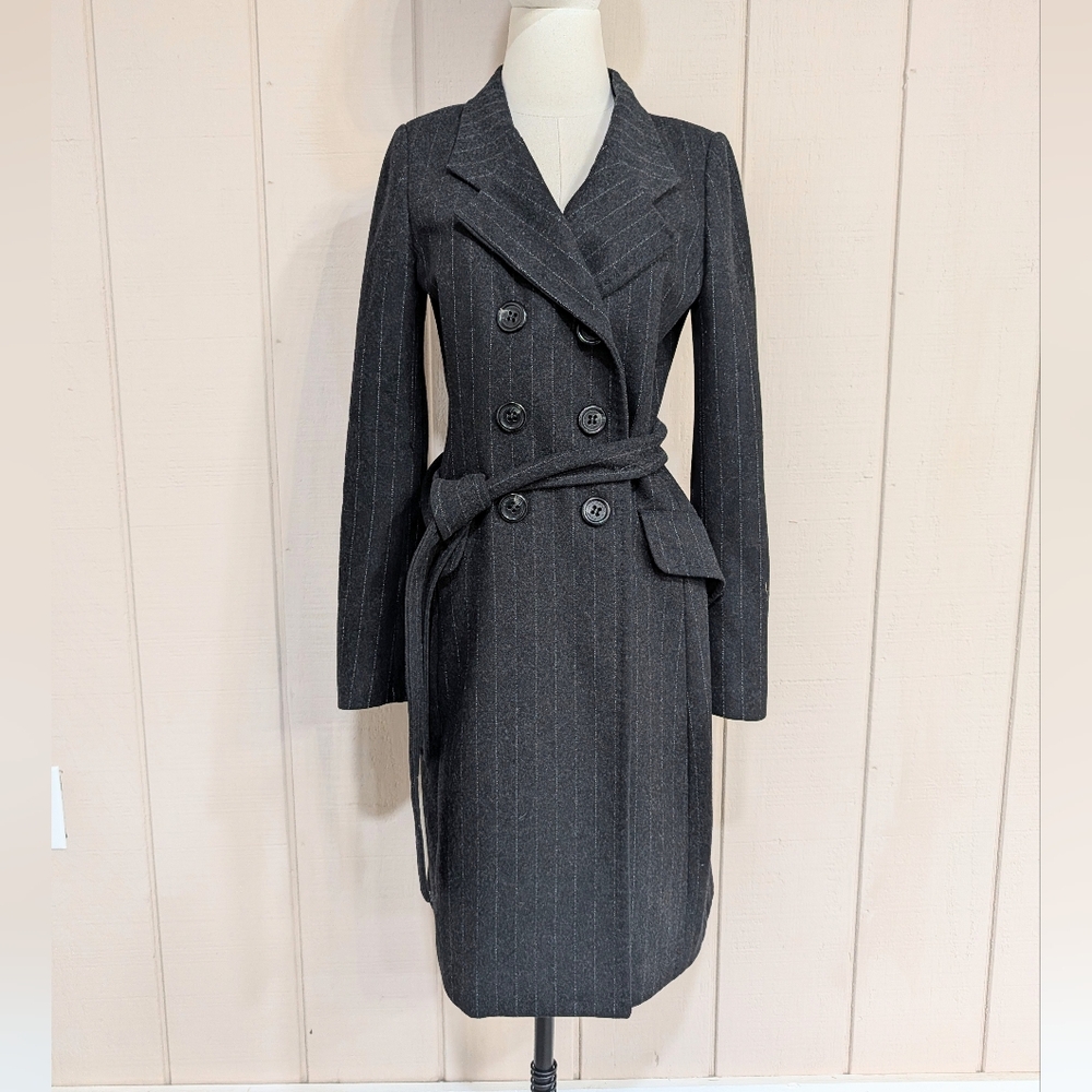 BCBG Mazazria Wool Blend Pinstriped Midi Belted Overcoat Y2K
